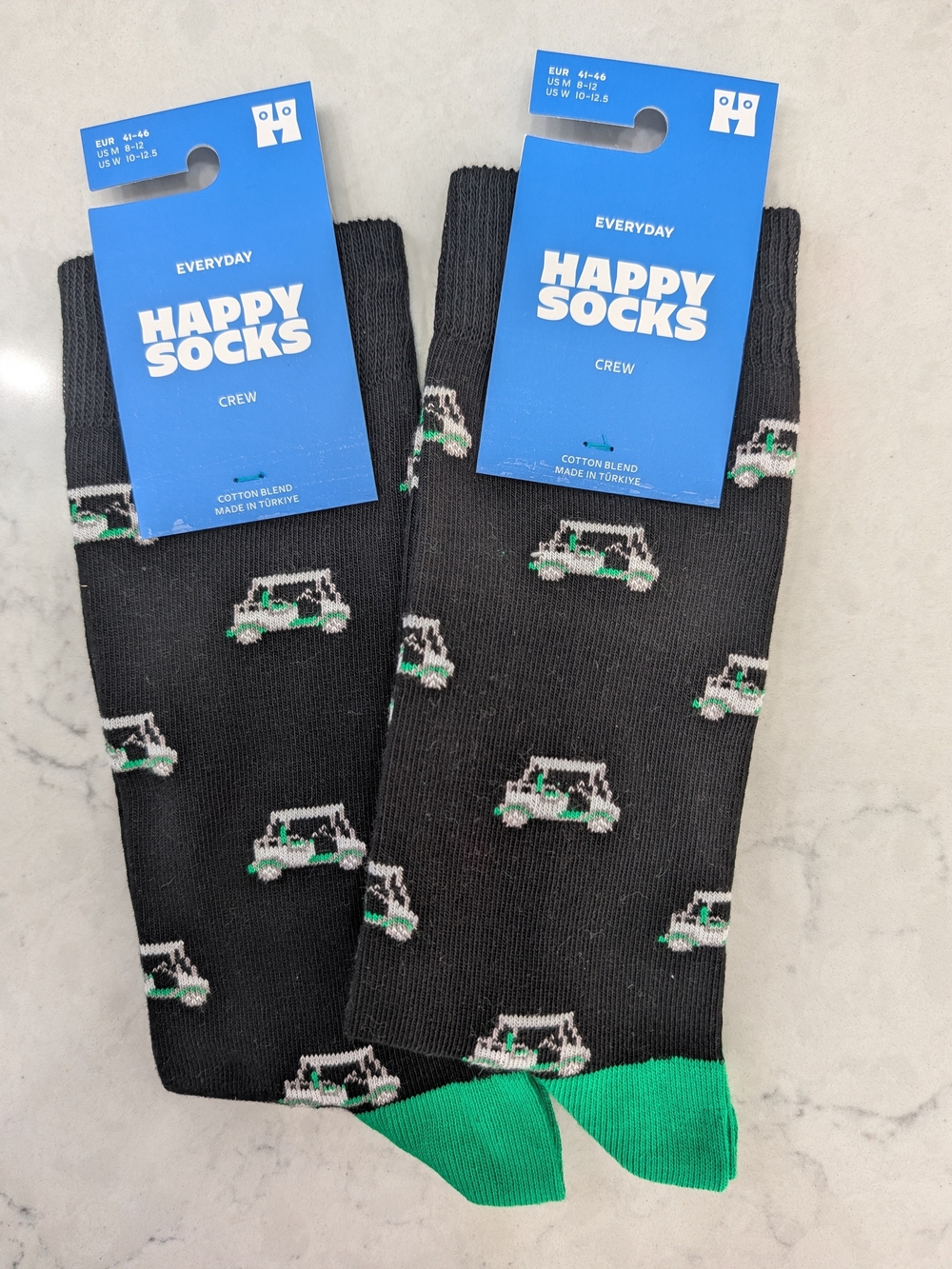 Happy Socks Black Crew Socks with Green Golfcart Motif-2 Pairs